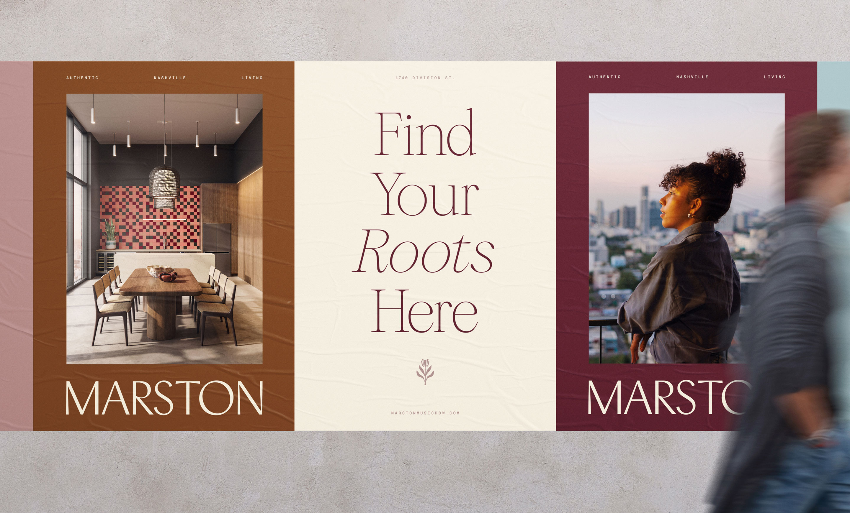 A person walking past an outdoor advertisement for Marston, a luxury residential property in Nashville