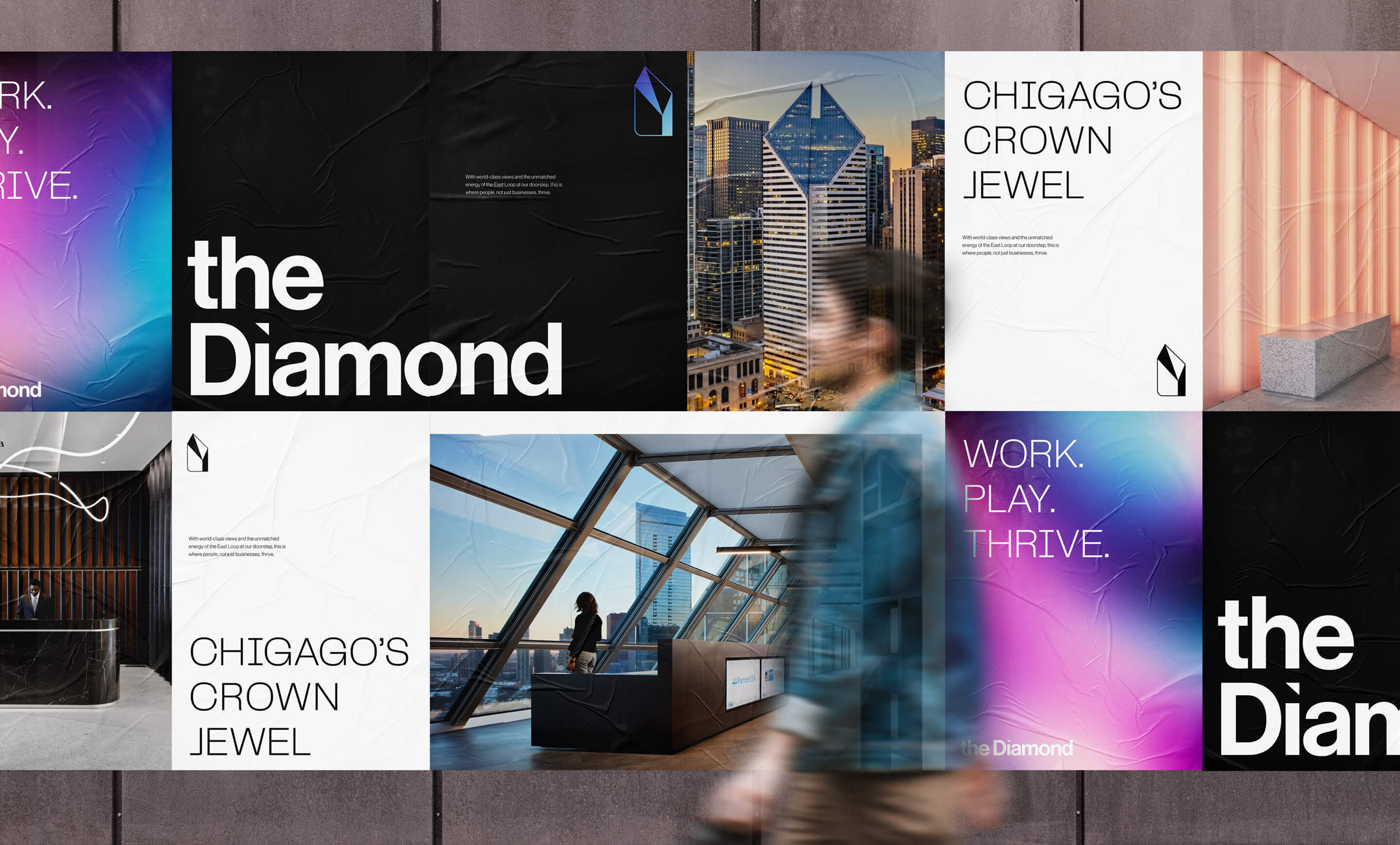 Man walking paste an advertisment for a class-A commercial property, The Diamond, in Chicago