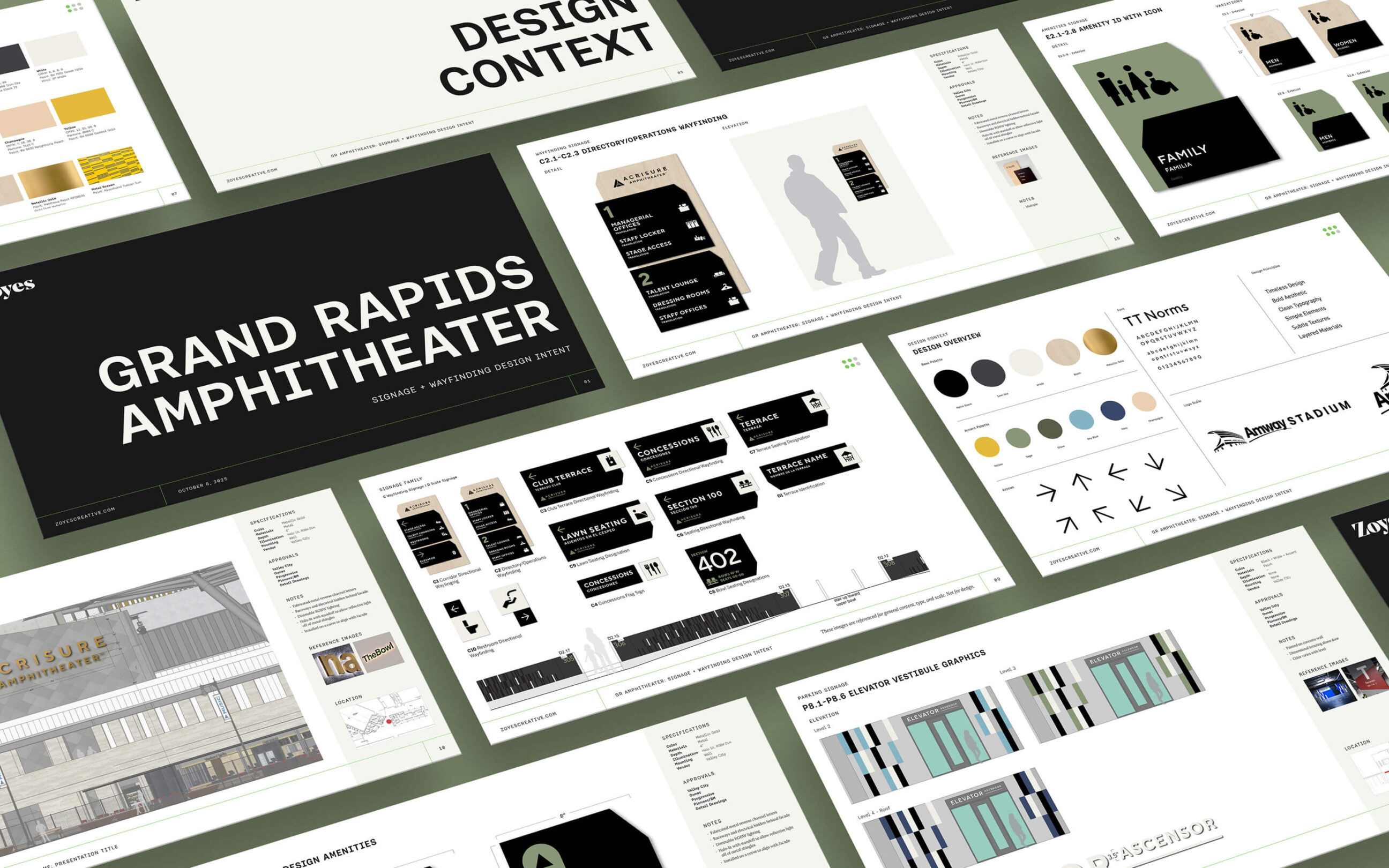 Slides showing the graphic standards for the Acrisure Amphitheater wayfinding system
