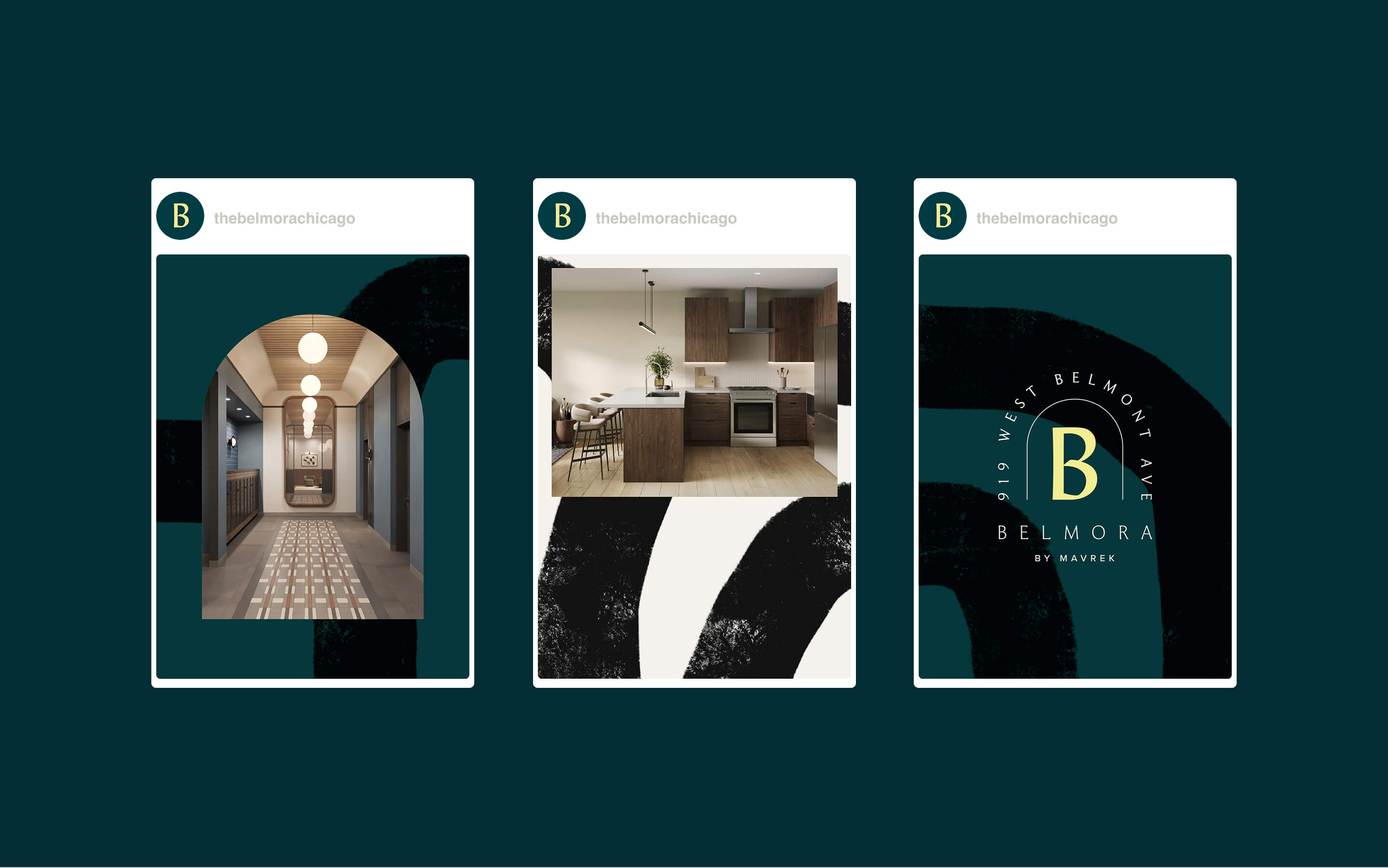 A social media grid showing posts for a high-end residential development in Chicago's Lakeview neighborhood