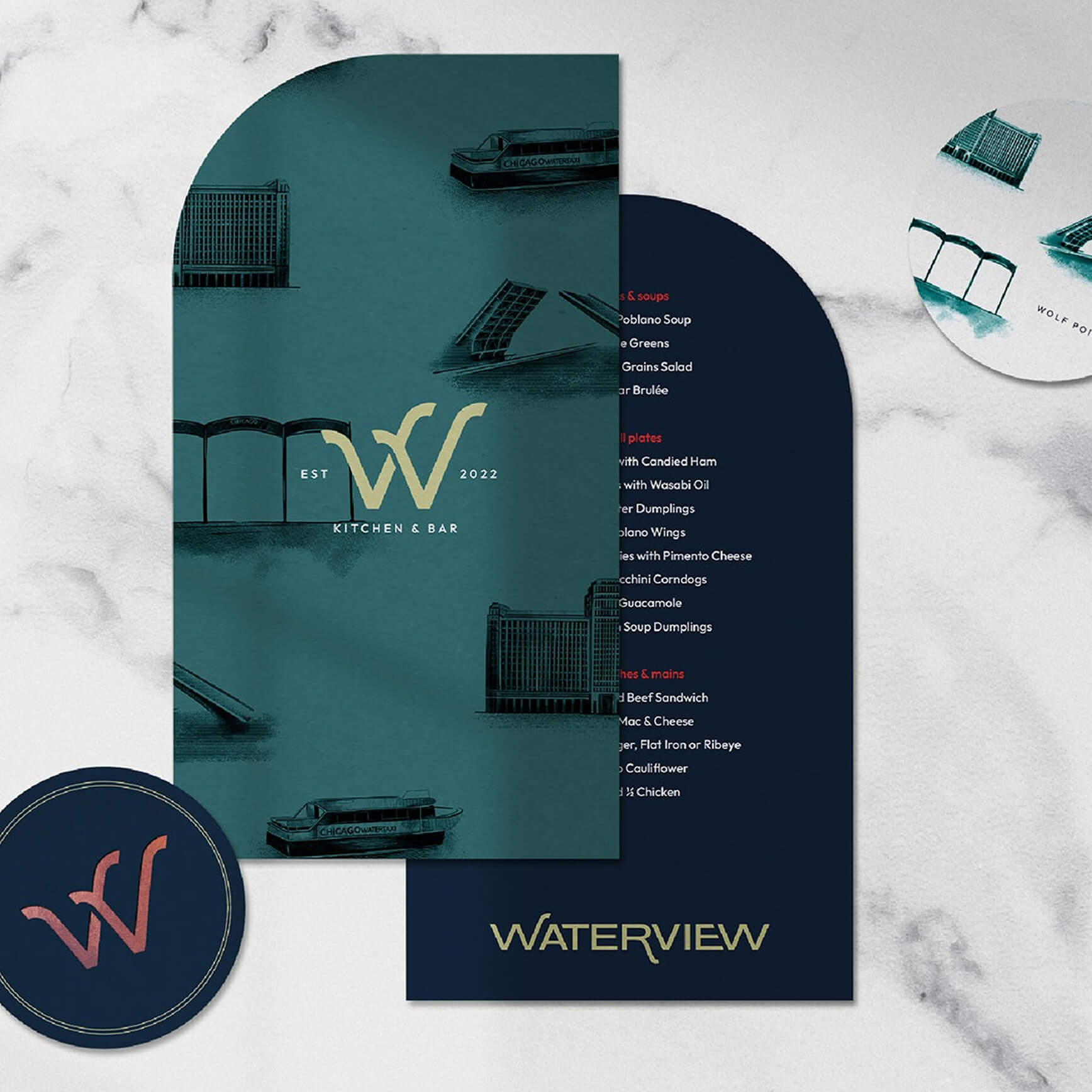 Menu and coaster design for a restaurant, Waterview, in Chicago's Wolf Point neighborhood