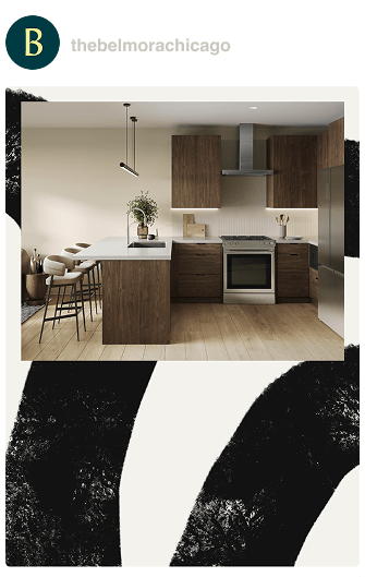 Social post for the Belmora development in Chicago, featuring a photo of a kitchen over a white and black background