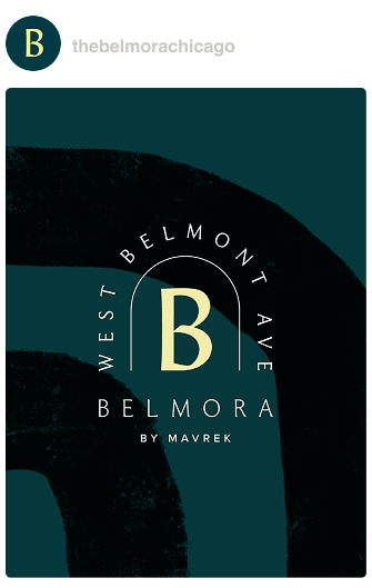 Social post for the Belmora development in Chicago, featuring the Belmora logo over a dark background