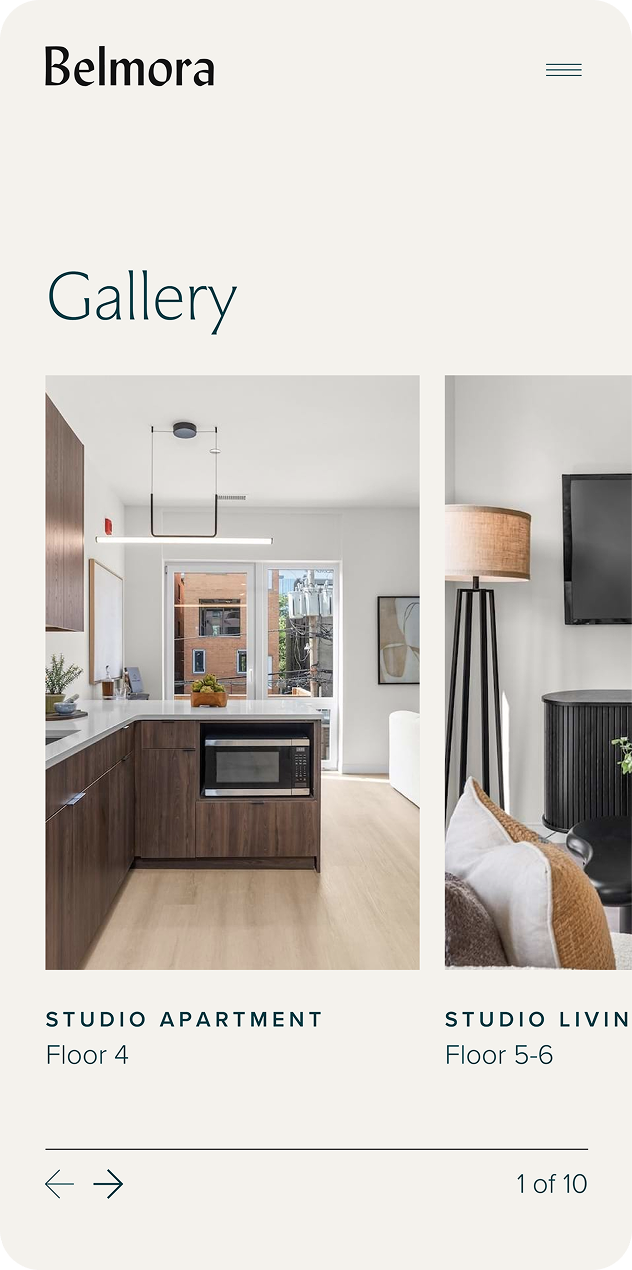 Web design for Belmora featuring a gallery of available residences