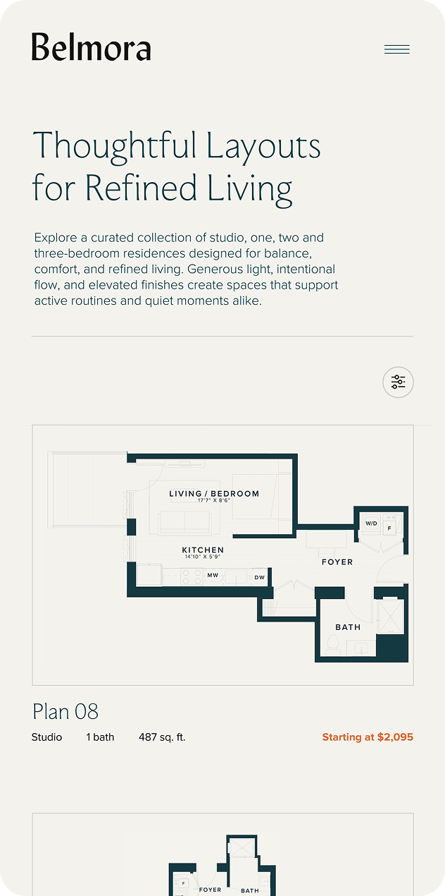 Web design for Belmora showcasing layouts of residences